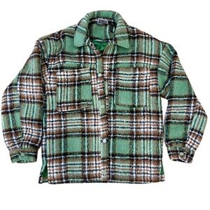 "Reclaimed Vintage" Plaid Green, Brown, White Cozy Fuzzy Jacket - Size 2